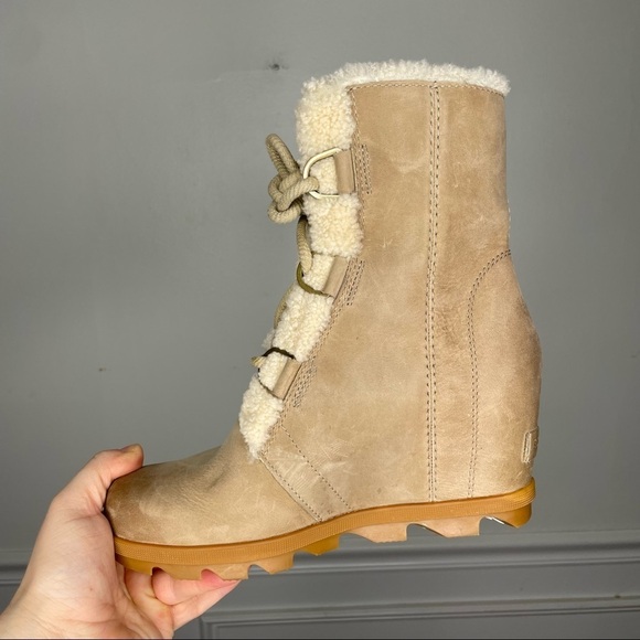 Sorel Joan of Arctic Wedge II Shearling Trim Sand Leather Boot - Picture 6 of 10